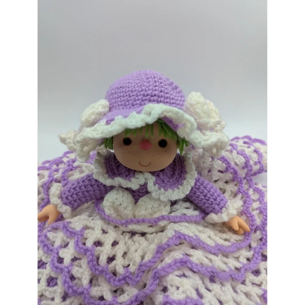Vintage Handmade Crochet Bed Doll Purple White Ruffle Gown Green‎ Hair 10 Inch